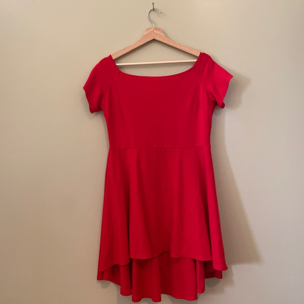 Red low shoulder high low dress.